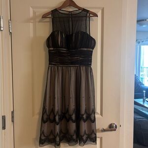 JS Boutique Black & Taupe Sheer Bodice Midi Dress